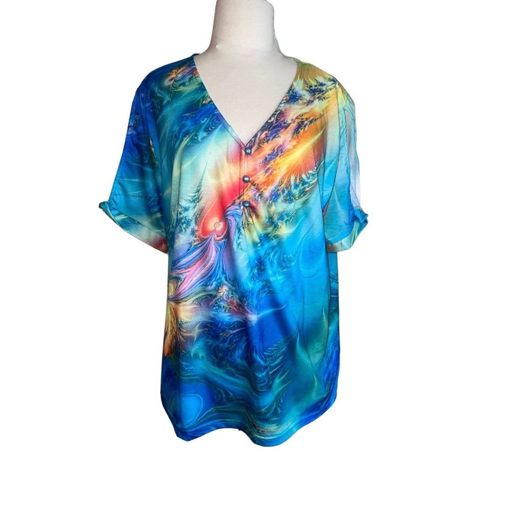 NEW Women’s Casual Shirt XL in Bright Blue, Green, Yellow & Red Swirl Design